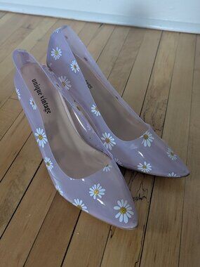 Unique Vintage Clear Lilac & Daisy Print Twiggy Pumps